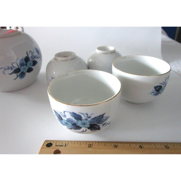 Vintage Golden China Asian Tea Set - 4 Cups & Pot Blue Floral - Ceramic Taiwan - Picture 16 of 16